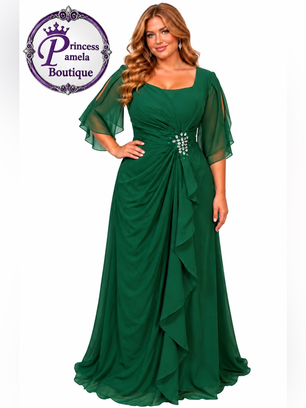 #8 B-4 Emerald green, floor-length V-neck chiffon evening gown-1X/Size 16W